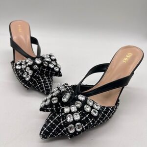 NEW Allegra K Rhinestone Bow Mules Heels Womens 6.5 Black Tweed Pointed Toe Glam